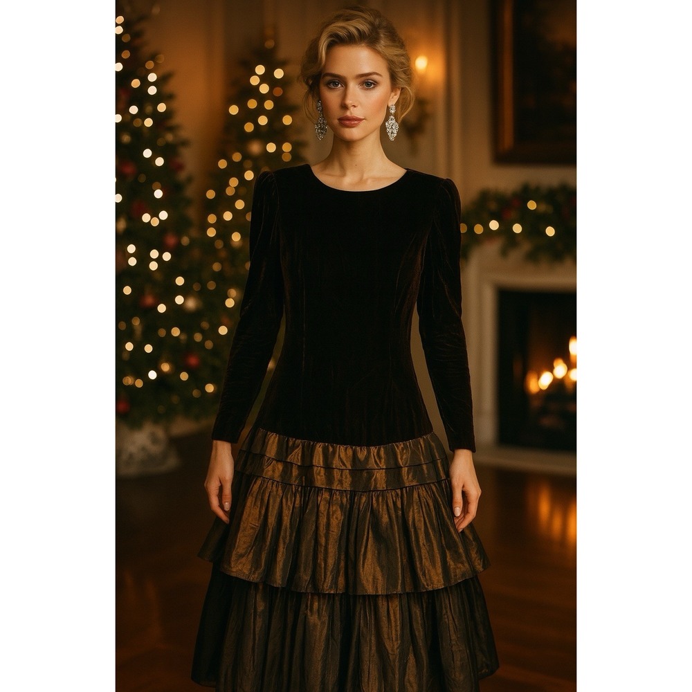 Vintage 1980s Black Velvet Taffeta Tiered Party Dress Donna Morgan Medium
